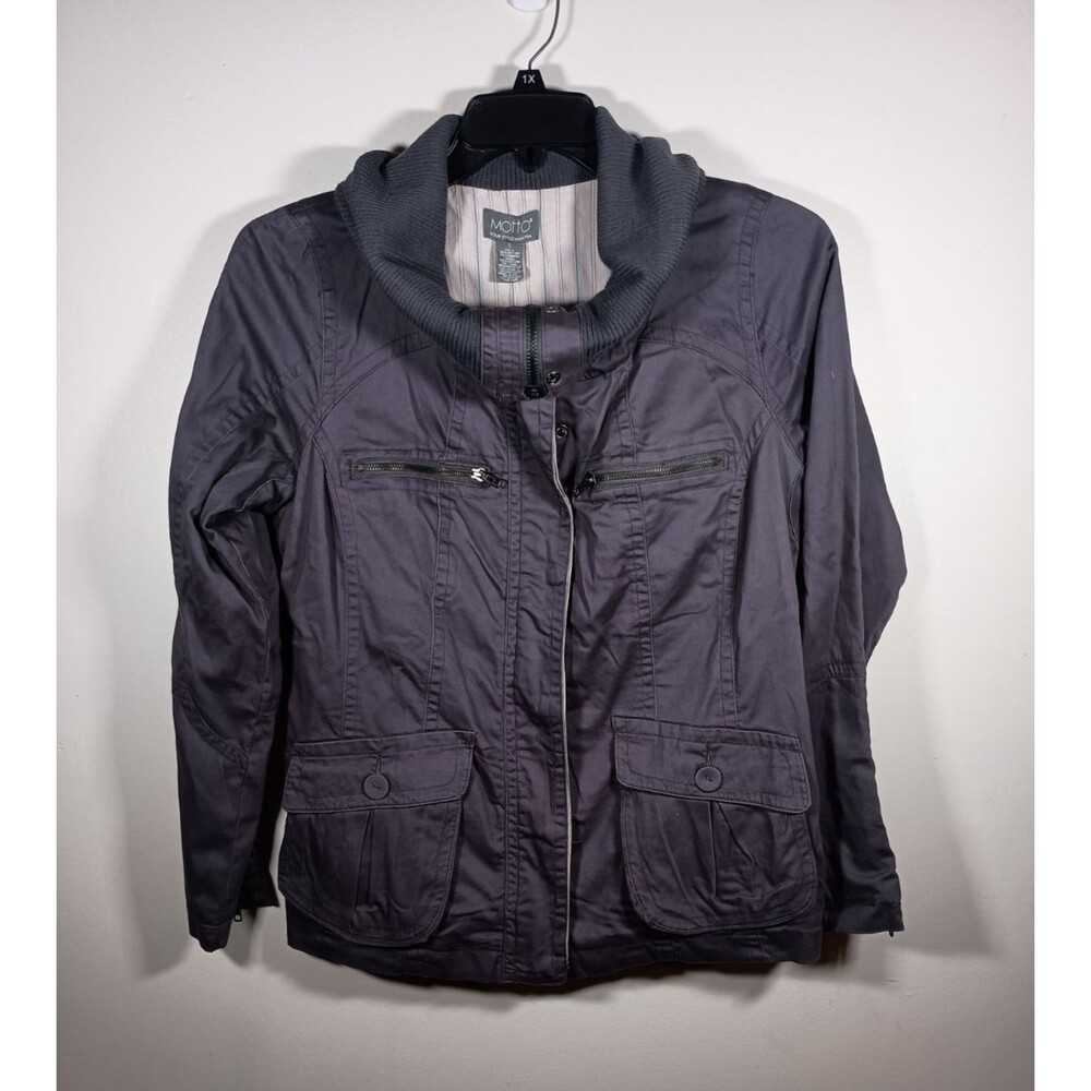 NWT Motto Lined Womens Gray Cotton Cowl Zip Snap Utility Jacket Size Small
